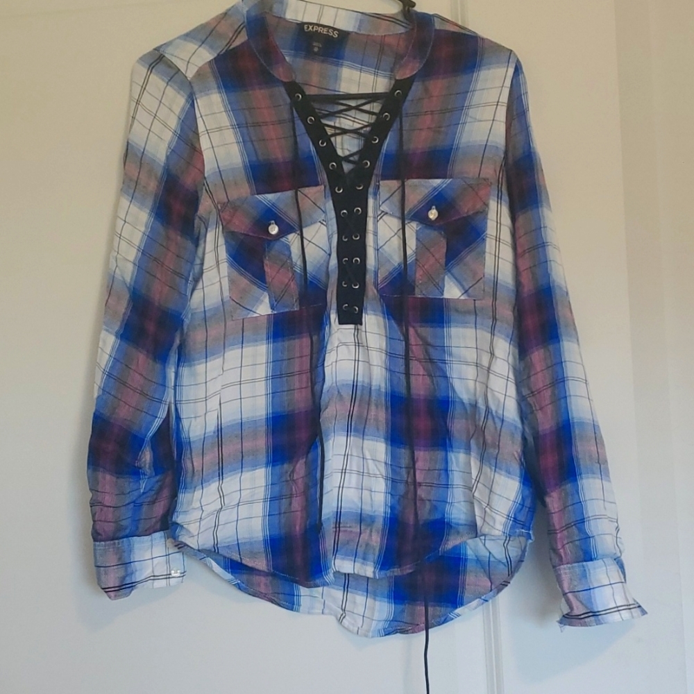 Express plaid tie up long sleeve